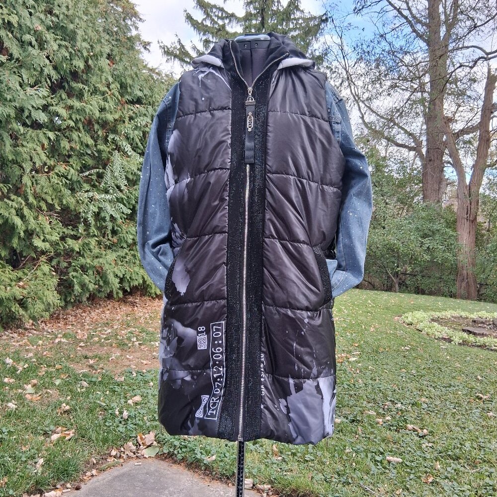 Black White Rose with Crystals Hooded Puffer Vest XL